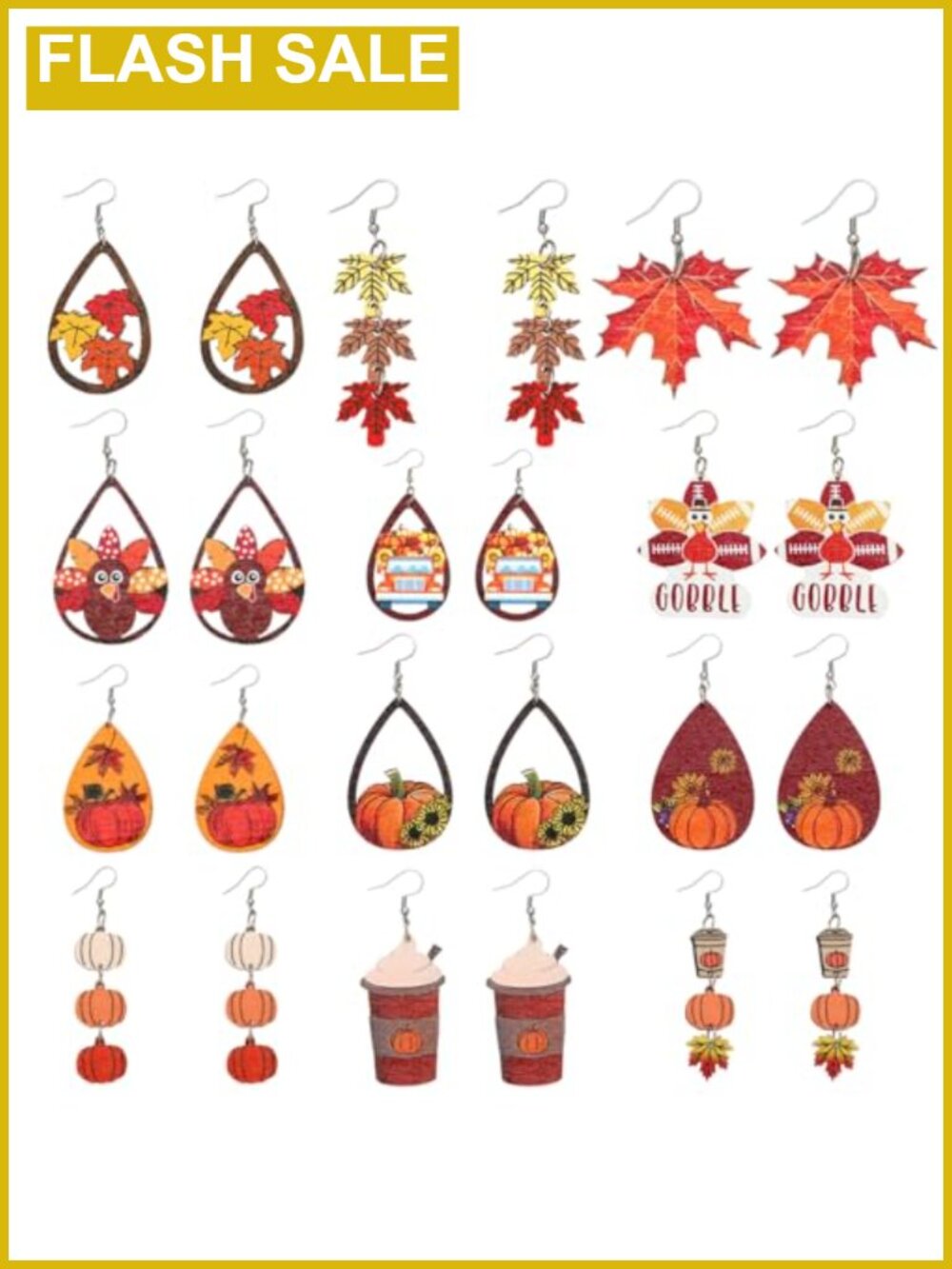 24pc Thanksgiving Earrings Set Women Wooden Maple Leaf Sunflower Pumpkin Fall